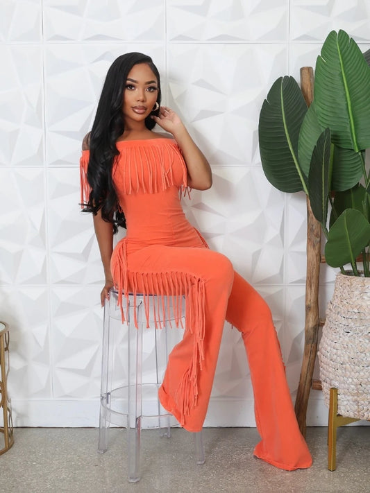 2025 Summer Fashion Off Shoulder Solid Color Jumpsuit with Tassel Design New Trendy Outfit Inspired By Elegant Ball Gowns Style