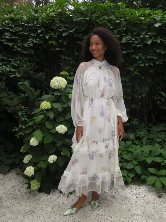 Women Flower Printed Flounce Dress Fashion Full Sleeves Round Neck Ruffle Long Vestidos 2025 New Elegant Summer Holiday Dresses