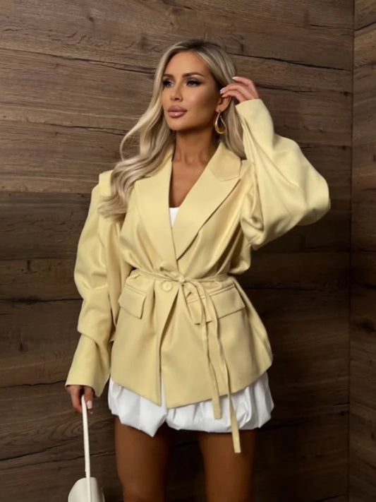 2025 New Women Elegant Suit Jacket Autumn Office Blazer With Lapel Lace-up Long Sleeve Shoulder Pad Coat Fashion Lady Outerwear