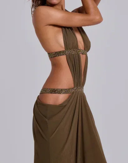 2025 Hollow Out Halter Maxi Dress Sexy Pleated Solid Sleeveless Off Shoulder Backless Slim Women Dresses Fashion Party Gowns