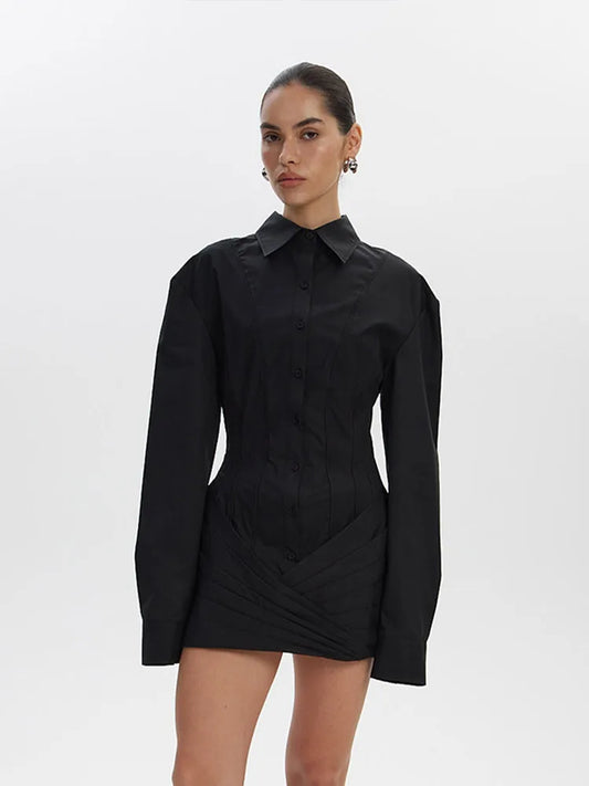 Solid Lapel Pleated Shirt Dress Women Casual Single Breasted Full Sleeve Slim Mini Dresses 2025 Lady Daily Commute Street Gowns