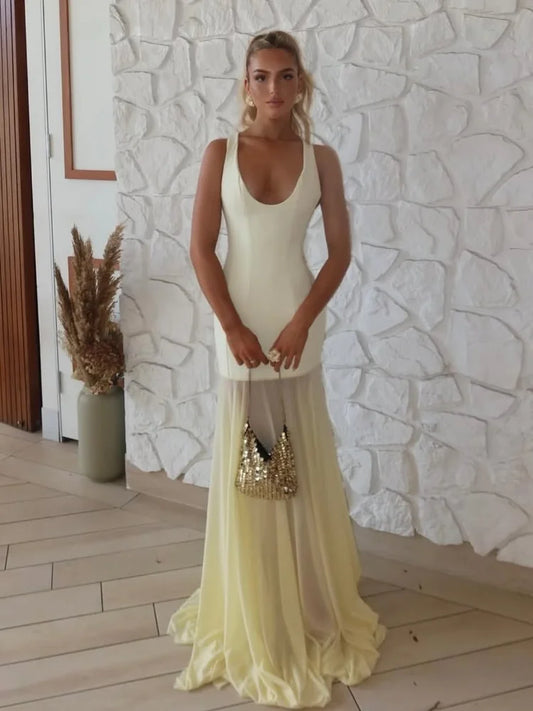 Yellow Tulle Patchwork Maxi Dress Women Elegant U-neck Sleeveless Waist Cinching Slim Dresses 2026 Lady Chic Vacation Party Gown