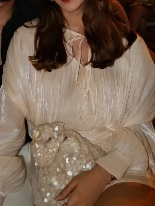 2026 Elegant Lace Up V-neck Lantern Mini Dress Long Sleeve Elegant Fold Sexy Flounce Hem Vestido Summer Evening Vacation Gown