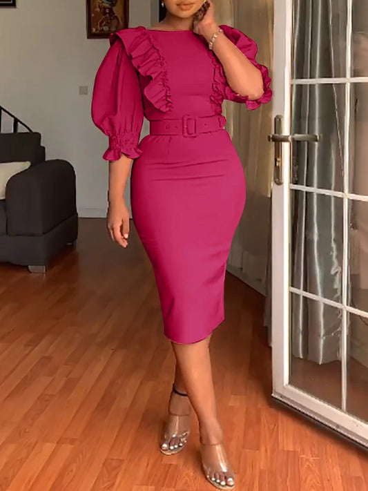 2025 New Elegant Solid Color Womens Formal Dresses Slim Fit Office Lady Puff Sleeve Ruffle Trim Fashion Bodycon Dress
