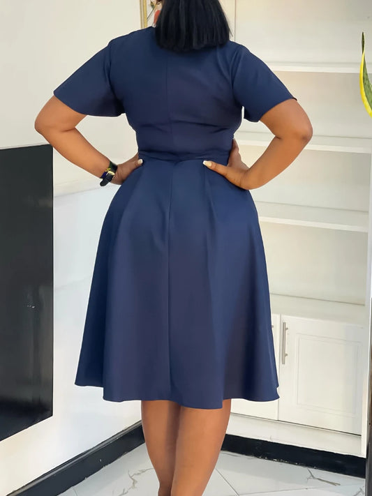 2025 Summer Fashion Solid Color Tie Waist Short Sleeve Dress Formal Midi Dress Going Out Outfits Elegant Women Clothing Style