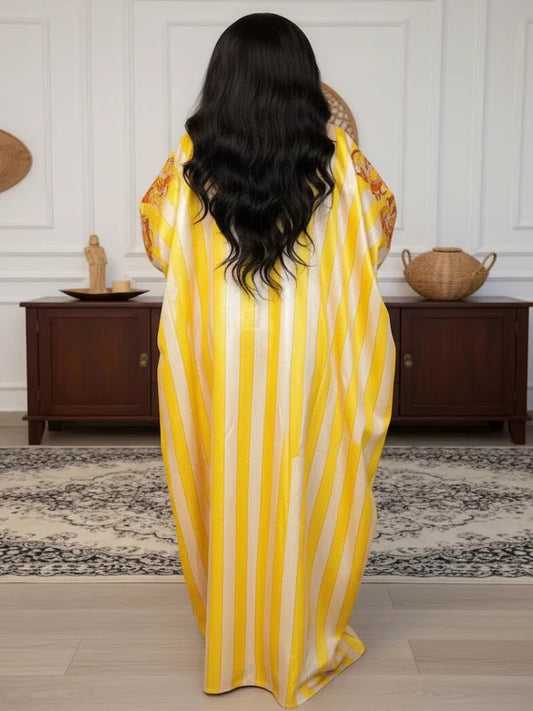 Yellow Striped Ordinary Kaftan Dresses O Neck Loose Floral Batwing Sleeve Shiny Africa Traditional Bubu Church Party Boubou Wear