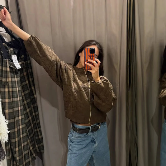 2025 Women Faux Suede Embroidery Bomber Jacket Vintage Long Sleeve O Neck Loose Outerwear Short Autumn Winter Coat