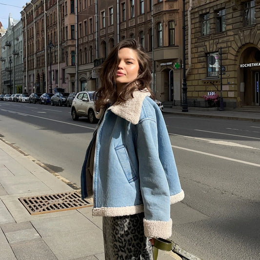 2025 High Quality Women Blue Denim Thick Lambswool Jacket Coat Casual Zipper Winter Warm Outerwear Tops Female