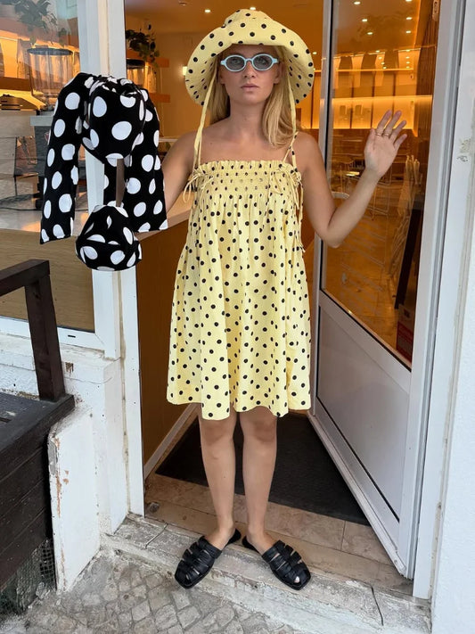 Yellow Retro Polka Dot Sling Dress Women Sleeveless Off Shoulder Pleated A-line Mini Dresses 2026 Lady Vacation Beach Outwear