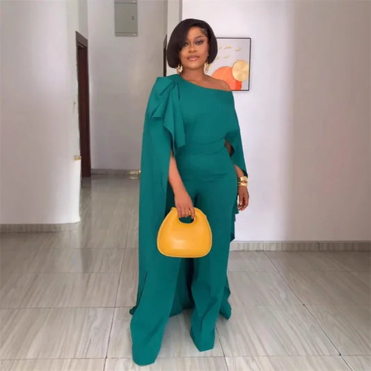 2025 Solid Cloak Wide Leg Jumpsuit Woman Elegant One Shoulder High Waist Party Club Rompers Womens Jumpsuits Combinaison Femme