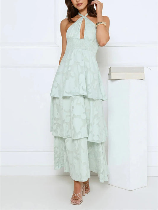 2026 Summer New Backless Tie Up Dress Sexy Hollow Out French Style Cake Dress Elegant Solid Color High Waist Evening Party Dress