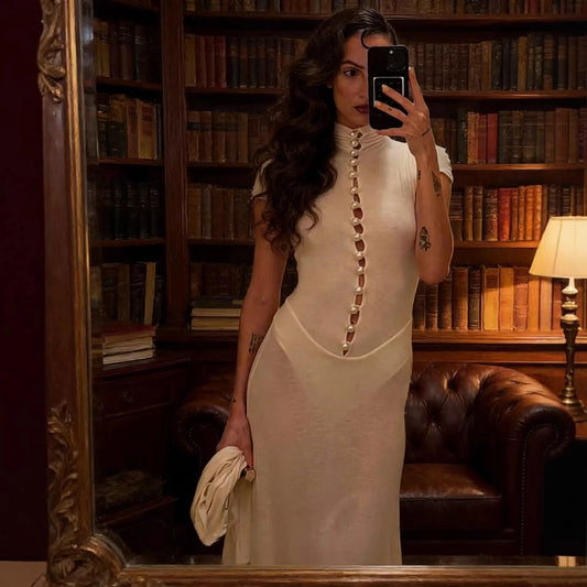 Sexy Bead Hollow-out Turtleneck Dress Women Elegant Short Sleeve See Through Slim Long Dresses 2026 Lady Evening Party Vestidos