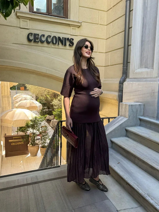 2025 Summer Women's Maxi Dresses Solid Patchwork Pleated Design With Slim Waist Cinching Elegant Holiday Beachwear Daily Outfits