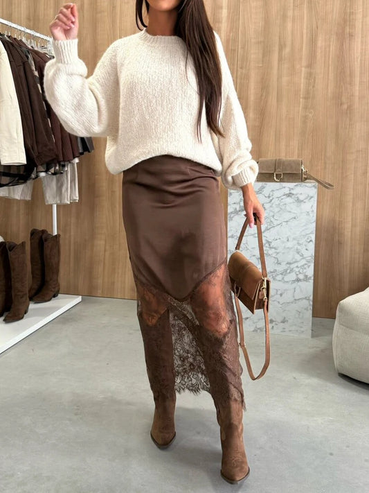 2025 Sexy Patchwork Lace Skirts Women Elegant See-through Long Skirt Casual Lady New Party Summer Evening Street Daily Midiskirt
