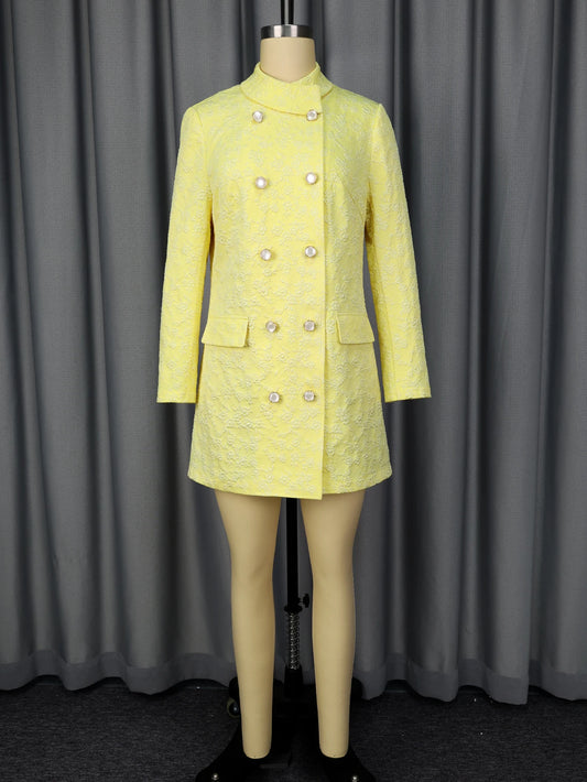 Yellow Vintage Jacquard Mini Blazer Dresses Stand Collar Long Sleeves Button Pocket High Waist Elegant Office Lady Autumn Gowns