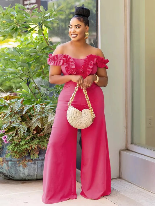 2025 Fashion One Shoulder Lotus Edge Slim Fit Jumpsuit High Waisted V Neck Straight Leg Pants Solid Color Women's Apparel