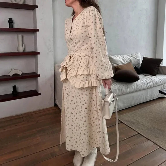 Slim Fit Pleated Printing Dress Women's Ruffle Split Long Vestidos V-neck Full Sleeve Elegant Party Wear 2025 Beach Gowns