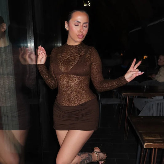 Sexy Lace Patchwork Pleated Mini Dress Lady Chic Round Neck Full Sleeve See Through Slim Short Dresses Women Evening Party Gowns