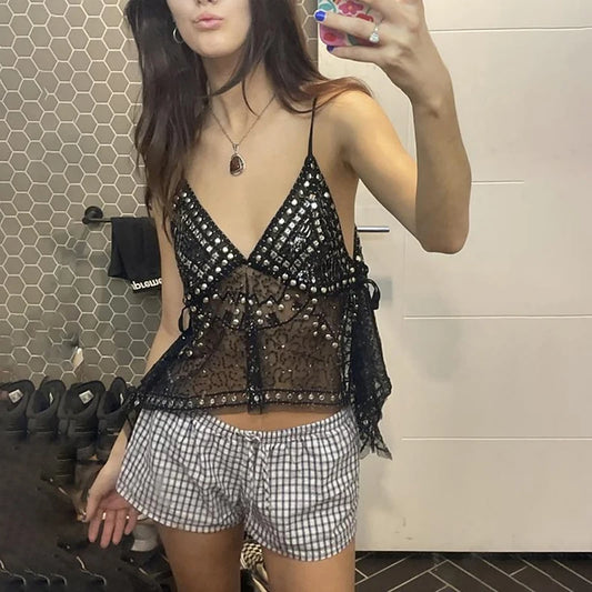 2026 New Rhinestone Mesh Hollow Out Halter Tops Sexy V-neck Sleeveless Loose Tank Tops Summer New Solid Sequins Beach Camisole