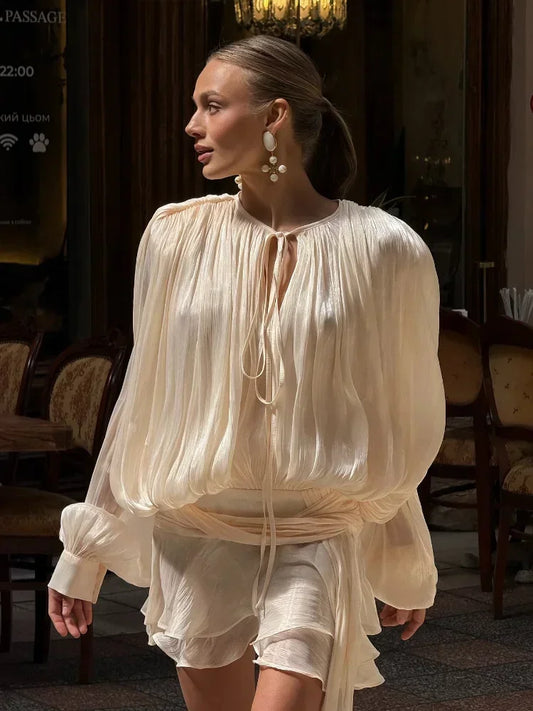 2025 Women Elegant Mini Dresses Chic Ruffles Hem Solid Short Dress Fashion Round Neck Lantern Sleeve Holiday Vestido Summer Lady