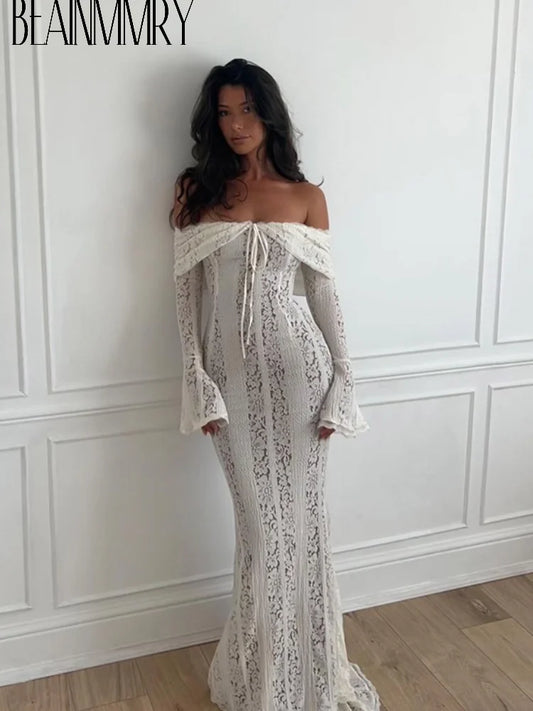 White Sexy Lace Flare Sleeve Dress Off Shoulder Slim Maxi Dresses Women 2024 Female Hollow Out Mermaid Floor Length Elegant Robe