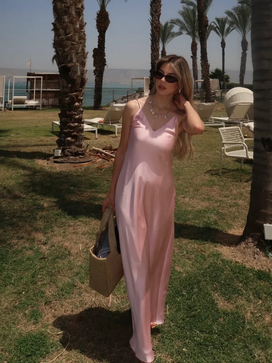 2025 Sexy V Neck Satin Gowns Women's Backless Sleeveless Loose Long Dresses Elegant Pink Evening Party Club Lady Sling Vestidos