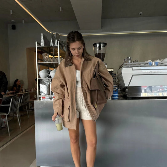 2025 Spring and Autumn Lapel Suede Jacket Coat Fashion Long Pocket with Pocket Zipper Jacket Outwear Women