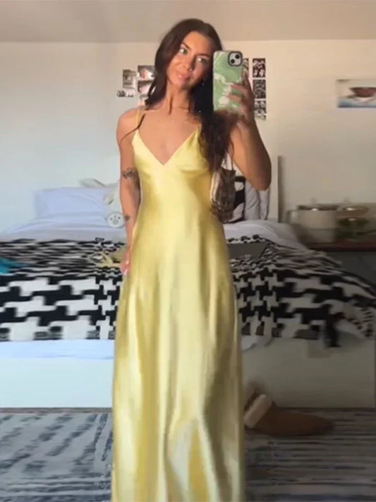 Women's Silk Satin Sexy Evening Maxi Dress Yellow Elegant V Neck Backless Long Gown Dresses Clubwear Sleeveless Party Summer New