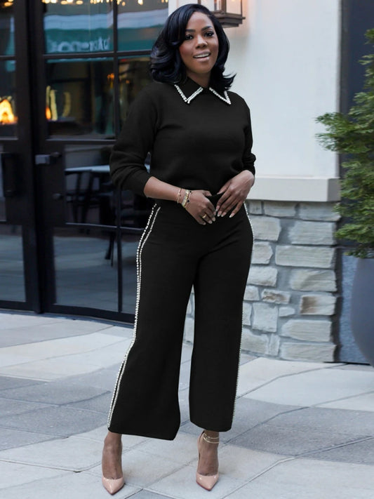 2024 Autumn/Winter Casual Pearl Double Row Edge Collar Two Piece Set Elegant Women's Business Set OL Style Pants Suit Office Set