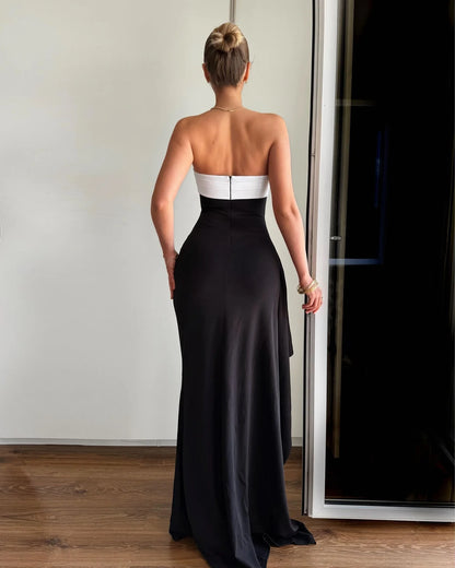 Color-blocked Strapless Backless Maxi Dress Lady Sexy Sleeveless Off-shoulder High Slit Slim Gowns Women Evening Party Dresses