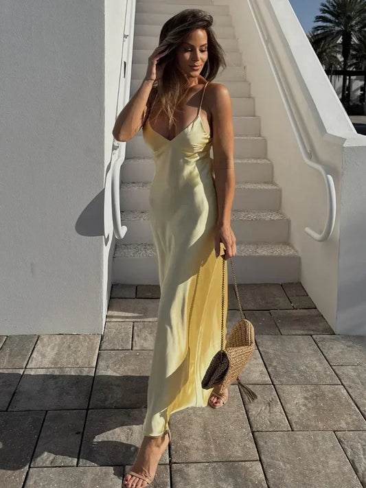 2025 Sexy Satin Maxi Dresses Women's Elegant Backless Long Gown Chic Lady V Neck Sleeveless Sling Party Dress Lady Evening New