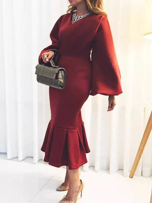 2024 Autumn/Winter New  Fashion Large V-neck Bubble Long Sleeve Sexy Fishtail Dress Party Club Birthday Evening Dresses