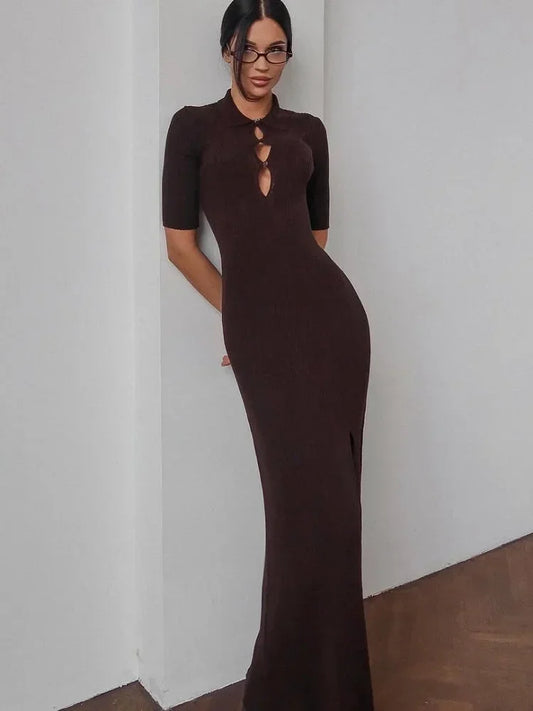Brown Ribbed Midi Dress Women Half-sleeve Stand Collar Cutout Detail Side Slit Bodycon Gowns 2026 Lady Fashion Casual Party Wear