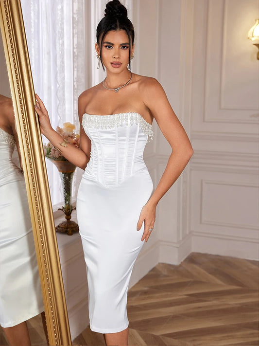 2024 White Beading Satin Dress Women Elegant Luxury Bodycon Party Dresses Sexy Long Tight Fitting Evening Dress