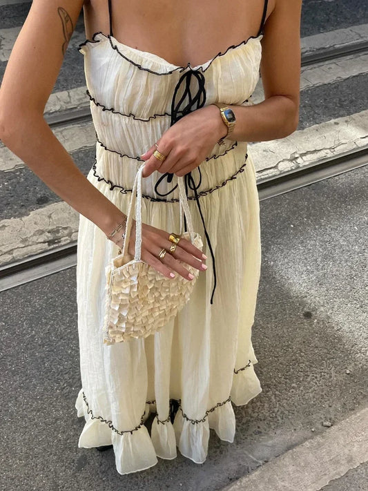 2025 Adjustable Lace Maxi Dress Off-shoulder Ruffle A-line Dress Beach To Cafe Cover Up Halter Neck Ruffle Maxi Dress New