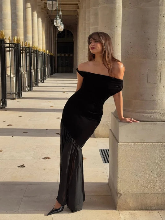 Sexy Black Velvet One-shoulder Maxi Dress Lady Chic Solid Off-shoulder Waist Cinching Slim Long Dresses Women Evening Party Gown