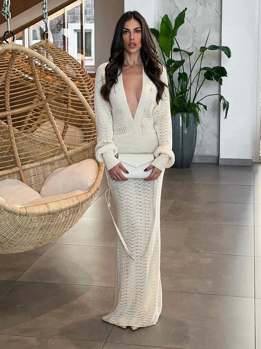 Elegant Deep V-neck High Waist Full Sleeves Women's Long Dress Solid Hollowed Out Vestidos Chic New High Street Dresses New 2025