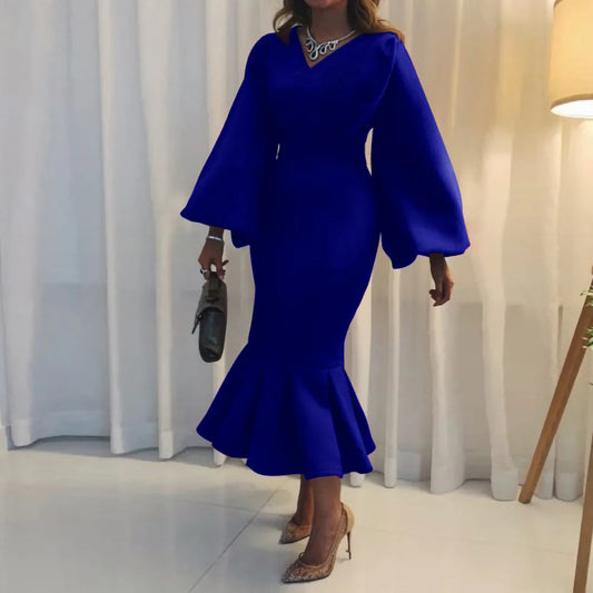 2024 Autumn/Winter New  Fashion Large V-neck Bubble Long Sleeve Sexy Fishtail Dress Party Club Birthday Evening Dresses