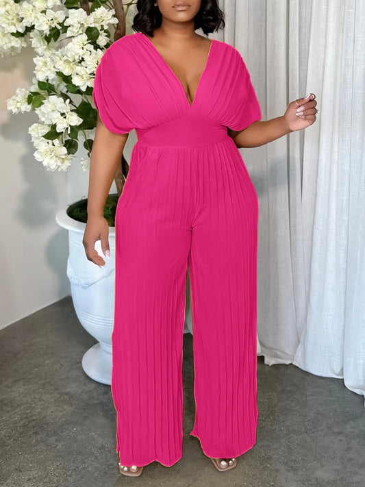2024 New Vacation Casual Women's Sexy V-neck Solid Color Pleated Jumpsuit High Waist Wide Leg Pants One-piece Women's Clothing