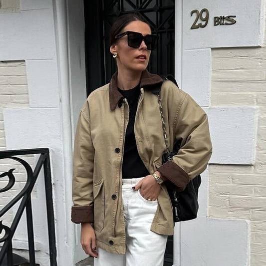 2025 Autumn Short Windbreaker Jacket Women Khaki Lapel Coats Jackets Zip Up Fully Lined Winter Coats with Pockets