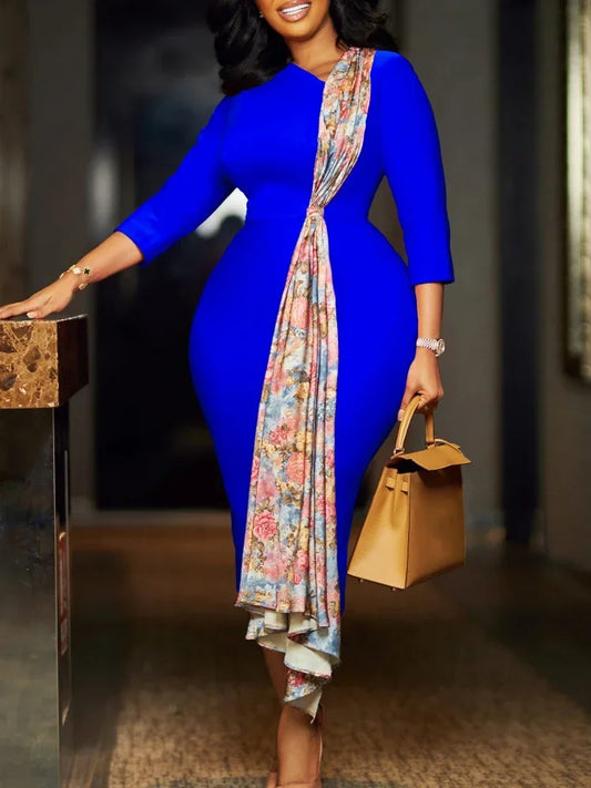 2024 Women's Dress Autumn Long Sleeve Printed Splicing OL Office Commuter Work Clothes Cocktail Party Slimming Evening Dresses