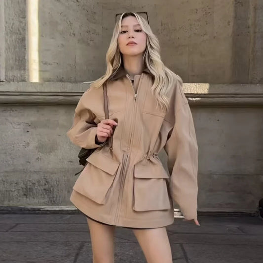 2025 Autumn Drawstring Trench Jacket Women Warm Khaki Coats Jackets with Pocket Casual Office Lady Outwear