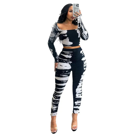 2024 Printing Knitted Two Piece Women Sets Casual Outfits Square Collar Long Sleeve Crop Top and Pants Matching Sets Loungewear