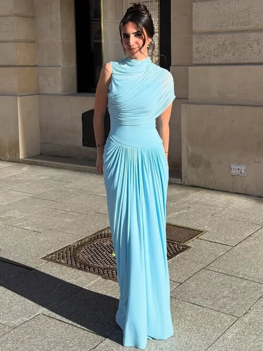 20225 Women Elegant Blue Pleated Maxi Dress Collar Slim Fit Robes Chic See Through Scarf New Female Summer Holiday Party Vestido