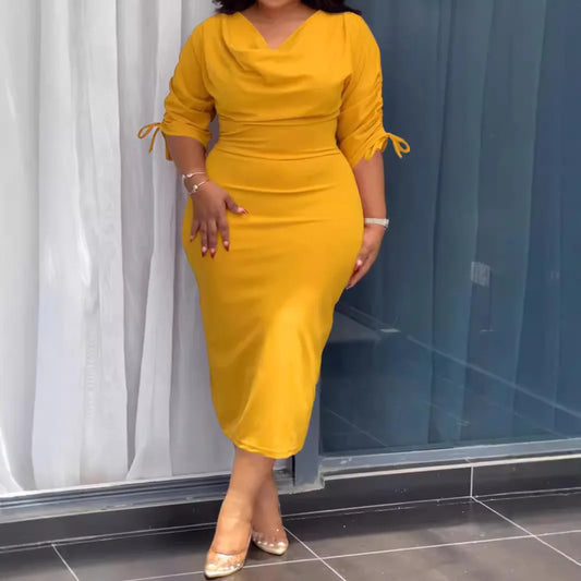 2024 Plus Size 4XL Women's Autumn/winter New OL Dress Yellow V-neck Drawstring Slit Bodycon Dresses Commuting Office Girl