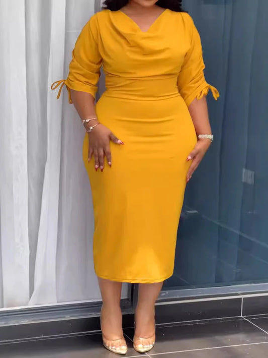 2024 Plus Size 4XL Women's Autumn/winter New OL Dress Yellow V-neck Drawstring Slit Bodycon Dresses Commuting Office Girl