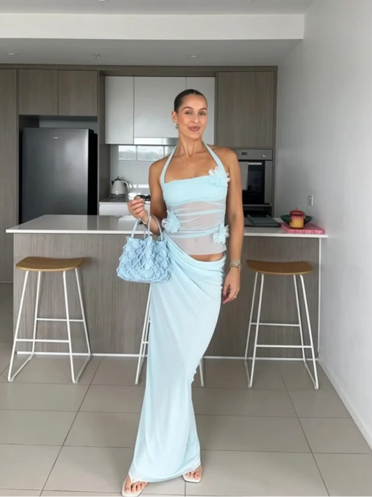 Fashion Tulle Patchwork 3d Flower Halter Dress Women Sleeveless Backless Pleated Slim Maxi Dresses Lady Beach Vacation Robe New