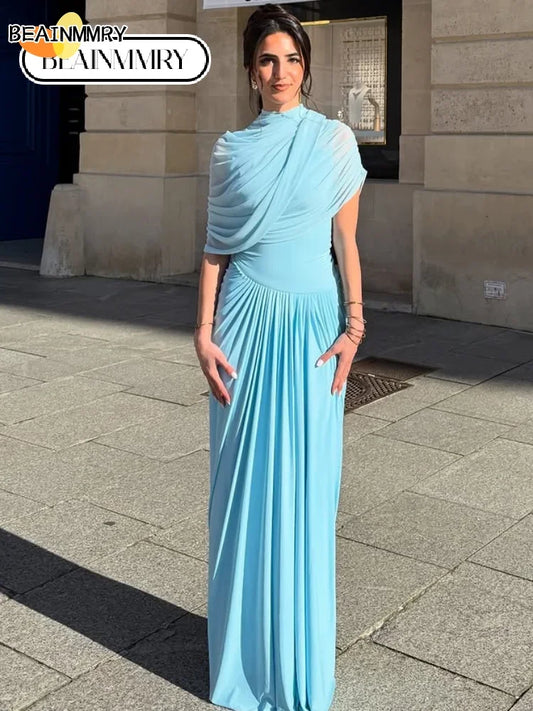 20225 Women Elegant Blue Pleated Maxi Dress Collar Slim Fit Robes Chic See Through Scarf New Female Summer Holiday Party Vestido