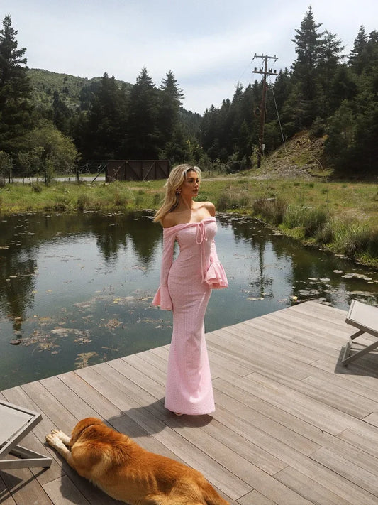 One-piece Neck Flared Sleeve Dress Women Sexy Backless Strapless Slim Fit Maxi Fishtail Dresses 2025 Lady Evening Party Vestidos