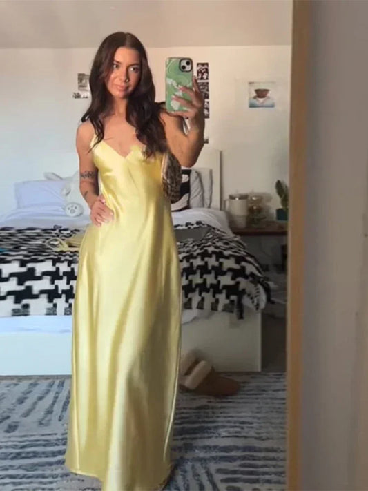 Women's Silk Satin Sexy Evening Maxi Dress Yellow Elegant V Neck Backless Long Gown Dresses Clubwear Sleeveless Party Summer New